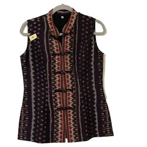 Knit Vest Women's XL Southwest Aztec design Nehru banded collar frog toggle
